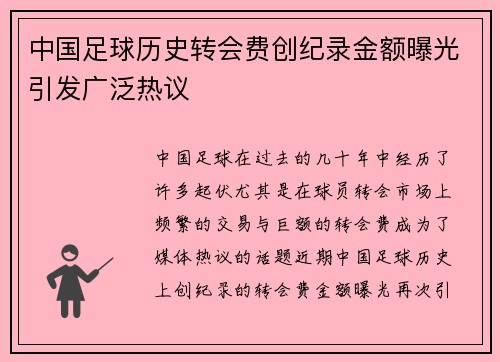 中国足球历史转会费创纪录金额曝光引发广泛热议