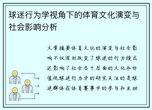 球迷行为学视角下的体育文化演变与社会影响分析