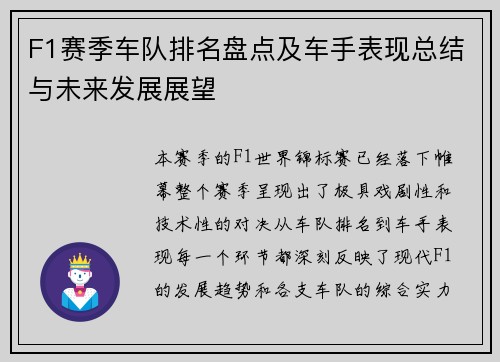 F1赛季车队排名盘点及车手表现总结与未来发展展望